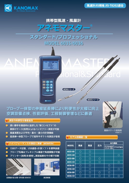 日本カノマックス 携帯型風速・風量計 アネモマスター®スタンダード/プロフェッショナル MODEL6035/6036 /九州計測器 (九州計測器株式会社) のカタログ