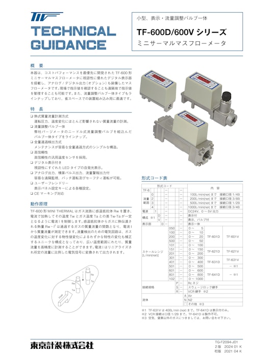 マスフローメータTF-600D/600Vシリーズ (東京計装株式会社) のカタログ