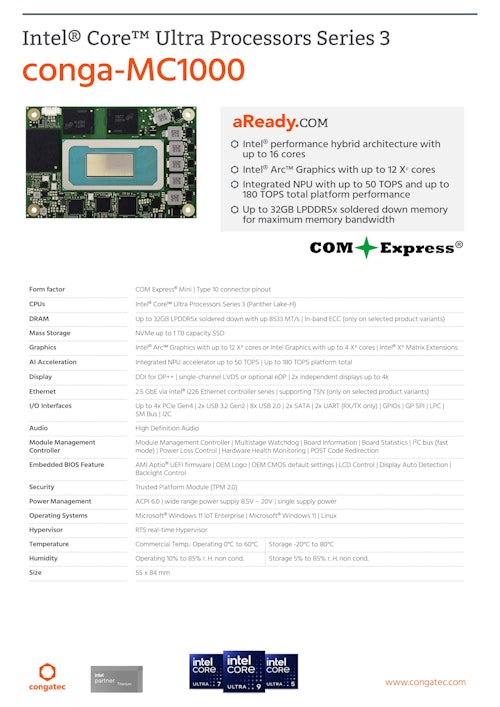 conga-MC1000：COM Express Mini,インテル Core Ultra Series 3 搭載 (コンガテックジャパン株式会社) のカタログ