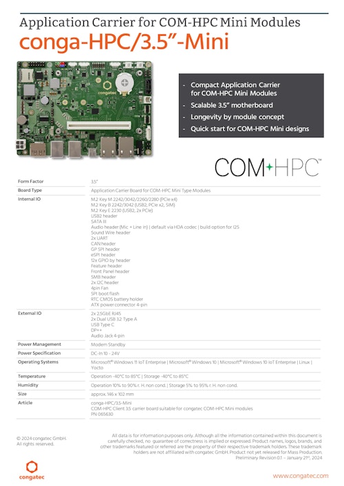 COM-HPC Mini モジュール用3.5インチ アプリケーション キャリアボード: conga-HPC/3.5-Mini データシート (コンガテックジャパン株式会社) のカタログ