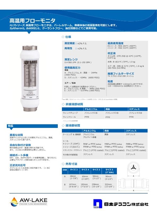 高温対応フローモニター（液体用）　Ｈ／Ｊシリーズ (日本テスコン株式会社) のカタログ