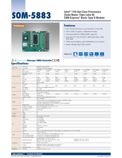 第11世代Intel Core搭載 COM Express、SOM-5883 (アドバンテック株式会社) のカタログ