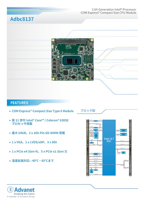 【Adbc8137】インテル Core™/Celeron® 6305E プロセッサ搭載、COM Express® CPUモジュール (株式会社アドバネット) のカタログ