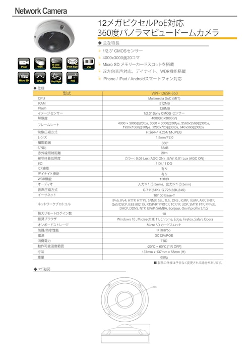 H.265 12メガピクセルPoE対応 360度パノラマビュードームカメラ (有限会社VIOTECH) のカタログ