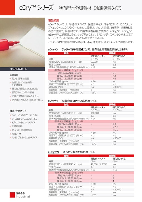 塗布型水分吸着材 eDryシリーズ（冷凍保管タイプ） (サエス・ゲッターズ・エス・ピー・エー) のカタログ