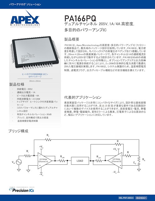 デュアルチャネルパワーアンプ PA166PQ 製品カタログ (Apex Microtechnology, Inc.) のカタログ