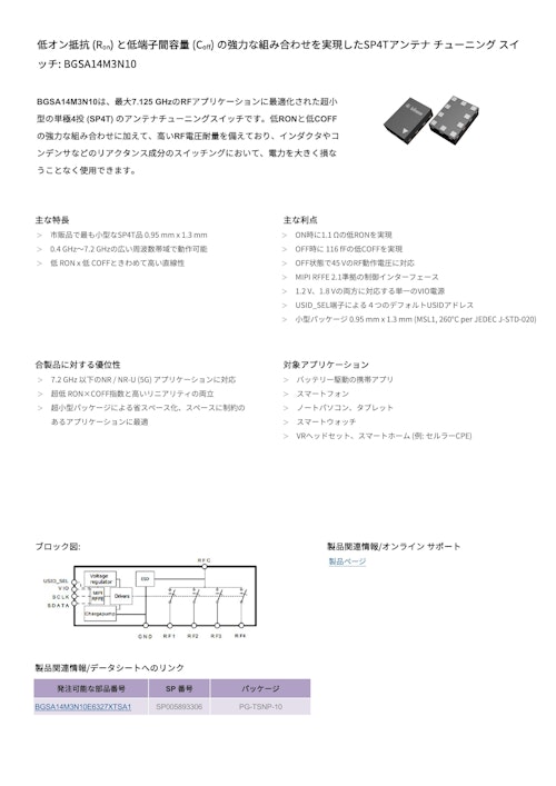 低オン抵抗 (Ron) と低端子間容量 (Coff) の強力な組み合わせを実現したSP4Tアンテナ チューニング スイ ッチ: BGSA14M3N10 (インフィニオンテクノロジーズジャパン株式会社) のカタログ