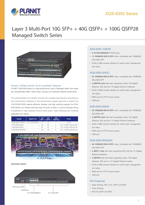 L3 マネージド 24×10G SFP+ ＋2×100G QSFP28 コアスイッチ XGS-6350-24X2C (サンテックス株式会社) のカタログ
