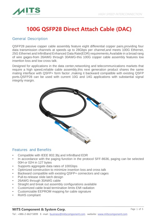 MITS Corporation (台湾)　100G QSFP28 Direct Attach Cable (DAC) 　データシート (二松電気株式会社) のカタログ