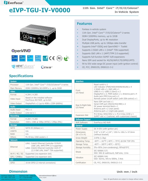 第11世代 CPU搭載 産業用車載向けファンレス組込みPC Everfocus eIVP-TGU-IV-V0000 (サンテックス株式会社) のカタログ