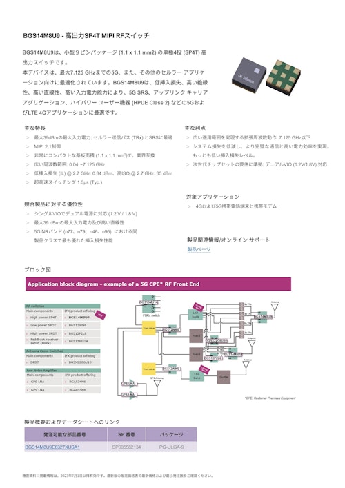 BGS14M8U9 - 高出力SP4T MIPI RFスイッチ (インフィニオンテクノロジーズジャパン株式会社) のカタログ