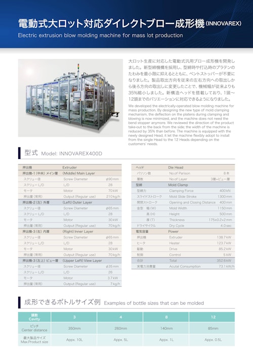 INNOVAREX400D　電動式大ロット対応ダイレクトブロー成形機 (株式会社タハラ) のカタログ