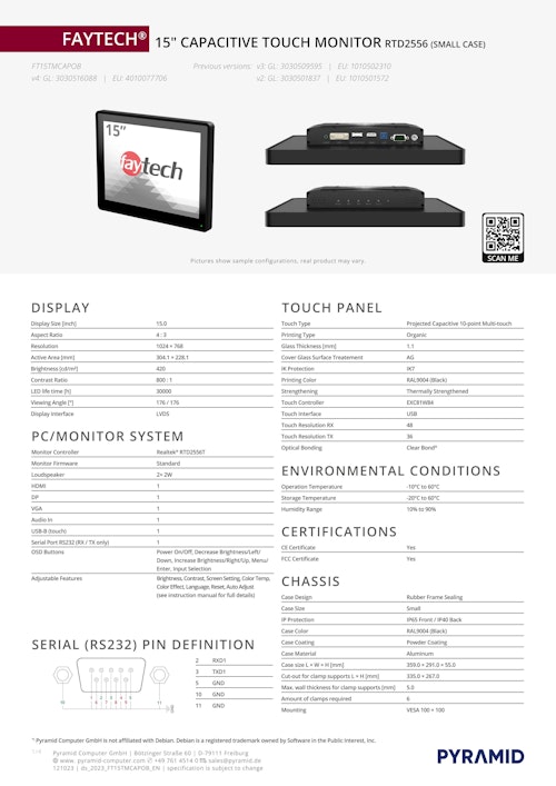 15インチ 産業用IP65タッチパネルモニター faytech FT15TMCAPOB (サンテックス株式会社) のカタログ