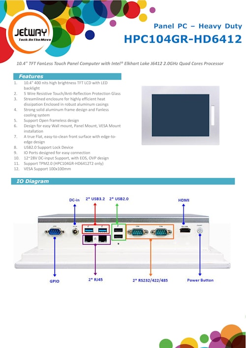 10.4インチ 産業用パネルPC Jetway HPC104GR-HD6412 (サンテックス株式会社) のカタログ