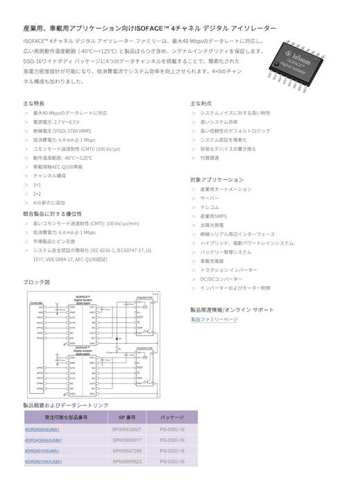 産業用、車載用アプリケーション向けISOFACE™ 4チャネル デジタル アイソレーター (インフィニオンテクノロジーズジャパン株式会社) のカタログ