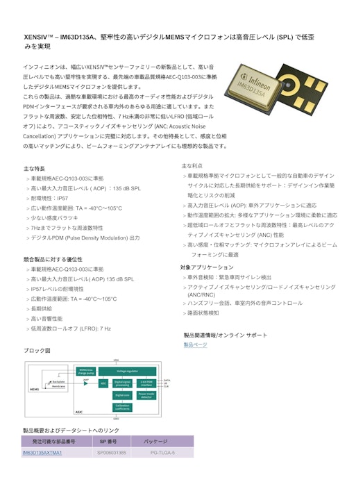 XENSIV™ – IM63D135A、堅牢性の高いデジタルMEMSマイクロフォンは高音圧レベル (SPL) で低歪 みを実現 (インフィニオンテクノロジーズジャパン株式会社) のカタログ