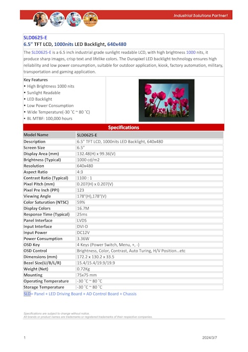 6.5インチ サイネージ用高輝度液晶ディスプレイ LITEMAX Durapixel SLD0625-E (サンテックス株式会社) のカタログ