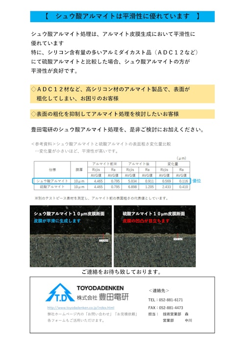 シュウ酸アルマイトの優れた平滑性 (株式会社豊田電研) のカタログ