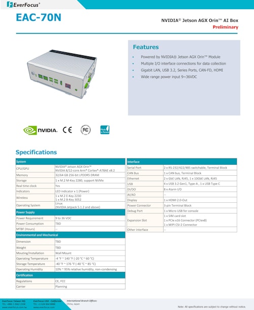 NVIDIA Jetson AGX ORINシリーズ AI BOX型PC EverFocus EAC-70N 製品カタログ (サンテックス株式会社) のカタログ
