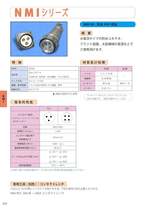 七星科学研究所の大電流タイプの防水コネクタ NMI シリーズのカタログ (株式会社BuhinDana) のカタログ