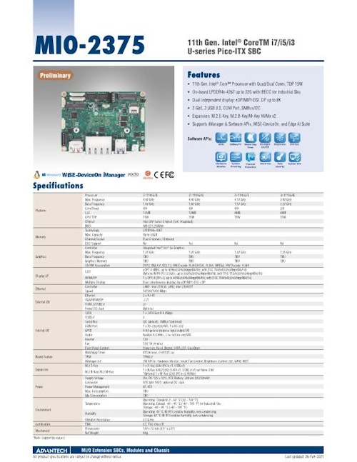 第11世代Intel Core搭載 2.5インチ組込みCPUボード、MIO-2375 (アドバンテック株式会社) のカタログ