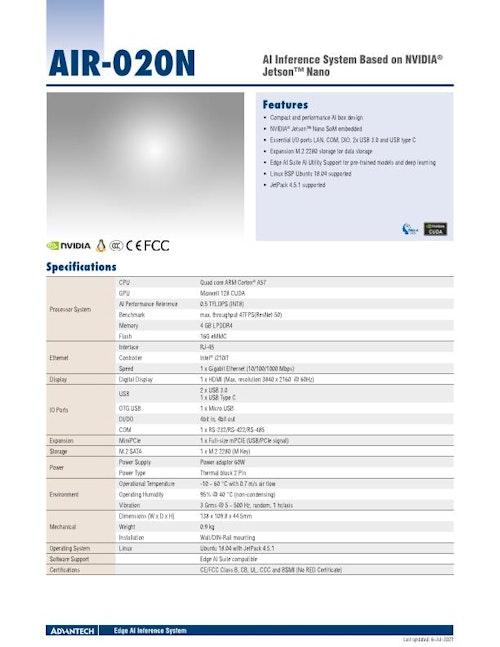NVIDIA Jetson搭載 超小型AIコンピュータ、AIR-020 (アドバンテック株式会社) のカタログ
