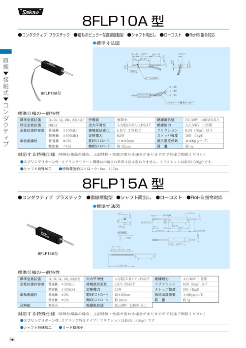 直線摺動ポテンショメータ-接触式　8FLP8A、8FLP10A (共栄通信工業株式会社) のカタログ