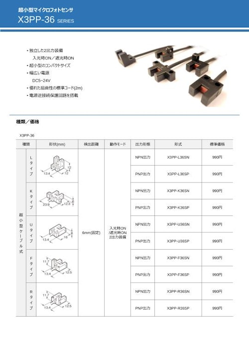 マイクロフォトセンサ X3PP-36シリーズ (キャドクロン株式会社) のカタログ