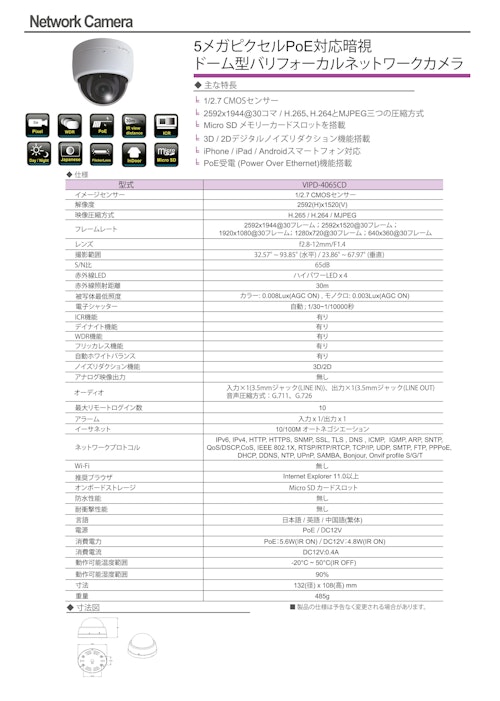 4メガピクセルPoE対応暗視 バリフォーカルドーム型ネットワークカメラ (有限会社VIOTECH) のカタログ