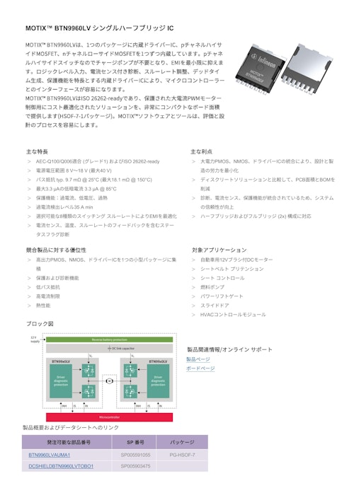 MOTIX™ BTN9960LV シングルハーフブリッジ IC (インフィニオンテクノロジーズジャパン株式会社) のカタログ