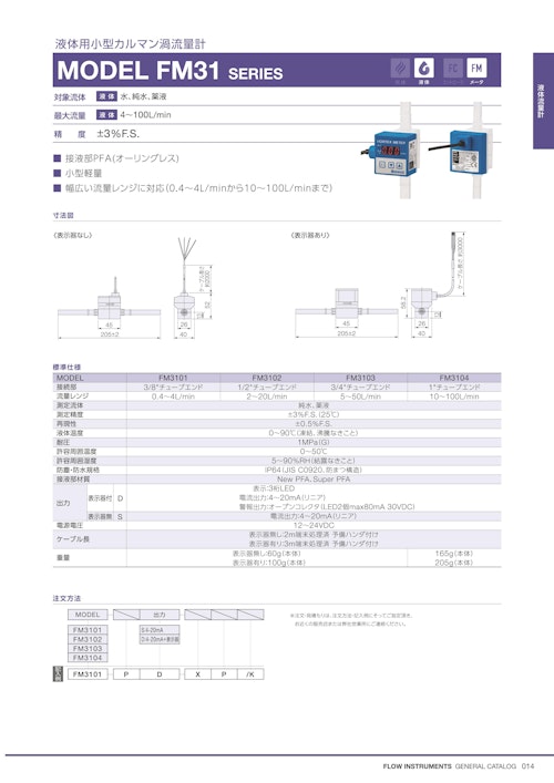 液体用小型カルマン渦流量計　MODEL FM31 SERIES (共栄通信工業株式会社) のカタログ