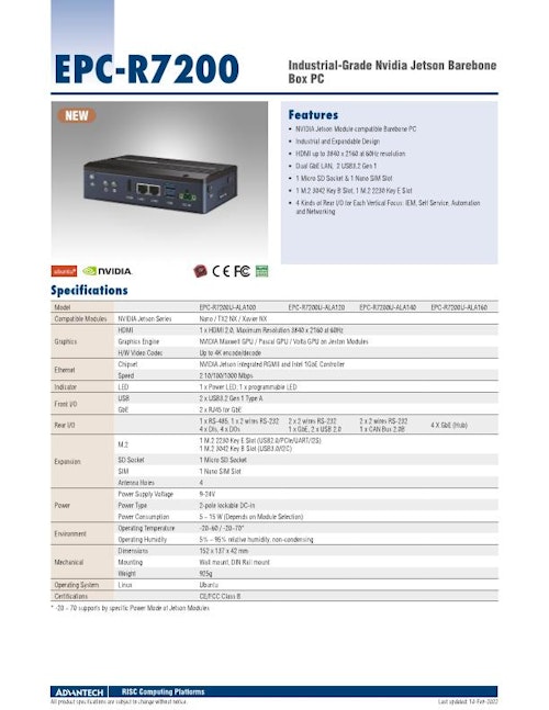 NVIDIA JETSON搭載 小型エッジコンピュータ、EPC-R7200 (アドバンテック株式会社) のカタログ