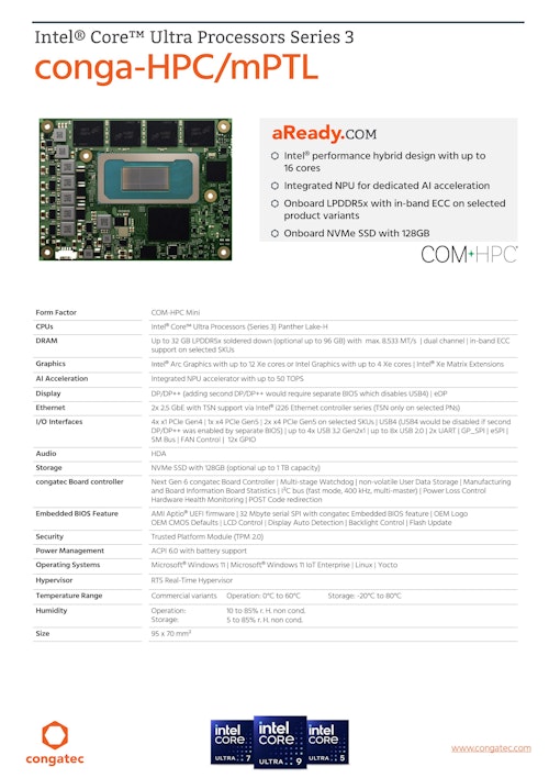 conga-HPC/mPTL：COM-HPC Mini, インテル Core Ultra Series 3 搭載 (コンガテックジャパン株式会社) のカタログ