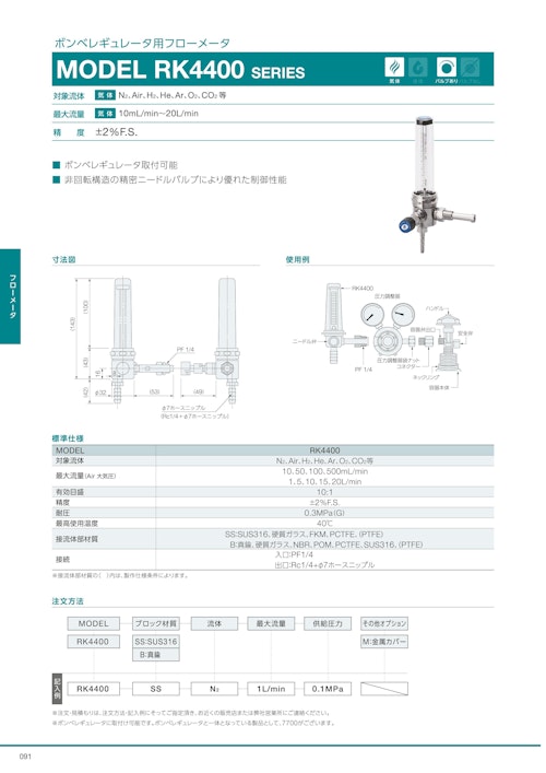 ボンベレギュレータ用フローメータ　MODEL RK4400 SERIES (共栄通信工業株式会社) のカタログ