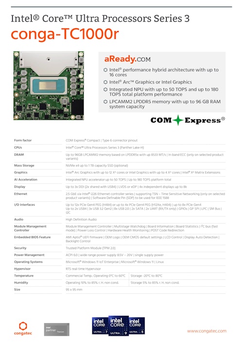 conga-TC1000r：COM Express Type 6 堅牢版,インテル Core Ultra Series 3 搭載 (コンガテックジャパン株式会社) のカタログ