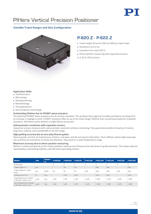 PIHera高精度ステージ P-620.Z～P-622.Z (ピーアイ・ジャパン株式会社) のカタログ
