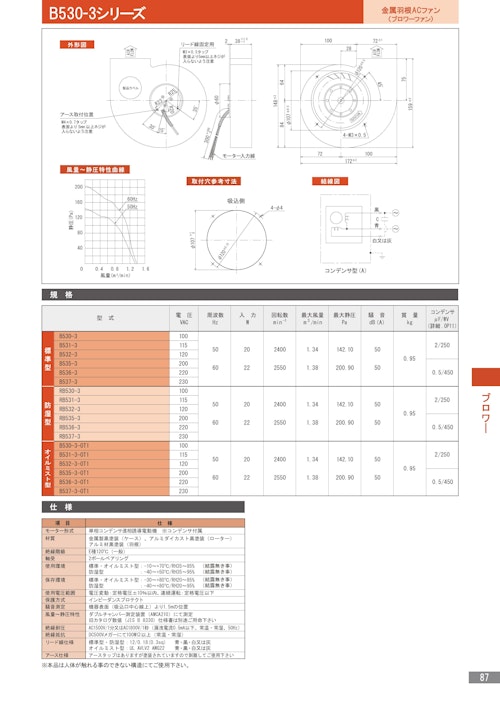 金属羽根ACファンモーター　B530-3シリーズ (株式会社廣澤精機製作所) のカタログ