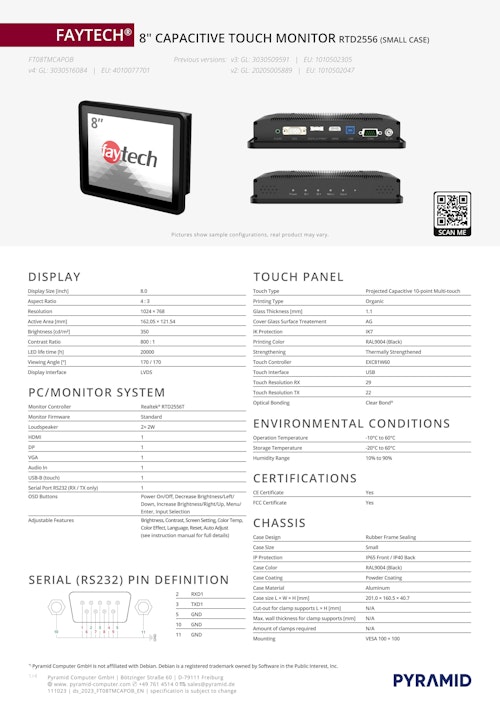 8インチ産業用IP65タッチパネルモニター faytech FT08TMCAPOB (サンテックス株式会社) のカタログ