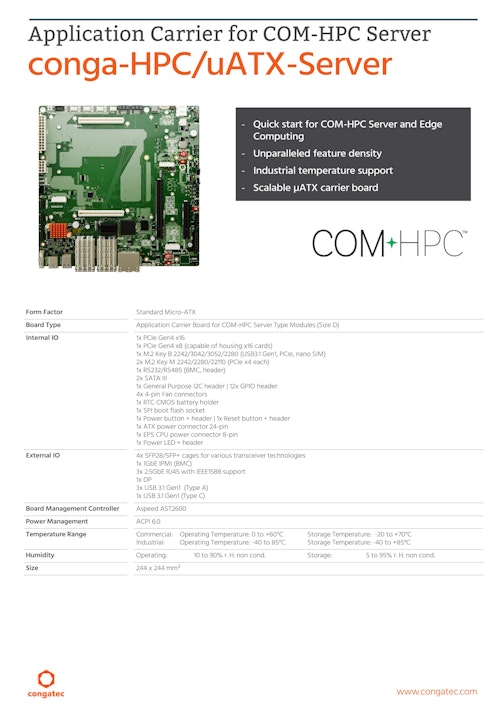 COM-HPC Server用Micro-ATX キャリアボード: conga-HPC/uATX-Server データシート (コンガテックジャパン株式会社) のカタログ