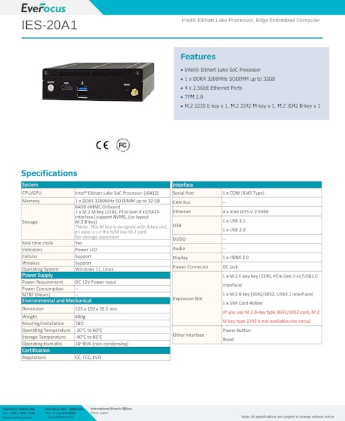 Elkhart Lake CPU搭載 産業用組込みエッジコンピューティング Everfocus IES-20A1 (サンテックス株式会社) のカタログ