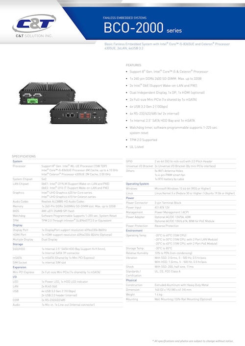 第8世代 CPU搭載 小型ファンレス組込みPC C&T BCO-2000 (サンテックス株式会社) のカタログ