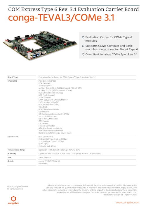 COM Express Type 6 評価ボード: conga-TEVAL3/COMe3.1 データシート (コンガテックジャパン株式会社) のカタログ