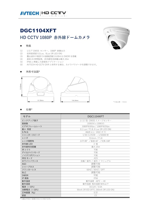 AVTECH　HD　CCTV　1080P　ドーム型カメラ (株式会社プログレッス) のカタログ