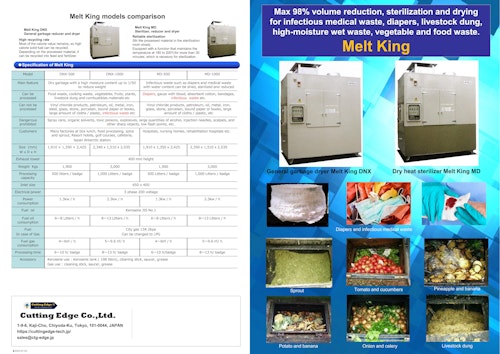 Max 98% volume reduction, sterilization and drying for infectious medical waste, diapers, livestock dung, high-moisture wet waste, vegetable and food waste. Melt King (カッティングエッジ株式会社) のカタログ