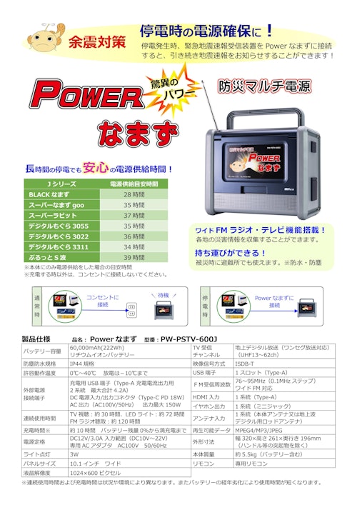 Power なまず（防災マルチ電源）型番：PW-PSTV-600J (株式会社Jコーポレーション) のカタログ