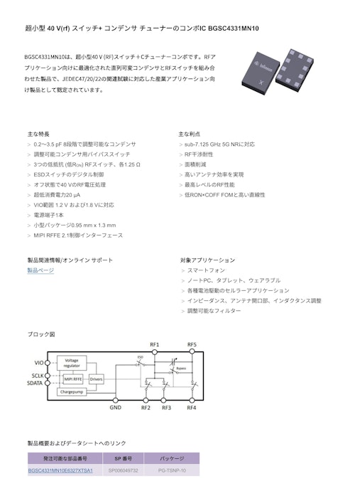 超小型 40 V(rf) スイッチ+ コンデンサ チューナーのコンボIC BGSC4331MN10 (インフィニオンテクノロジーズジャパン株式会社) のカタログ