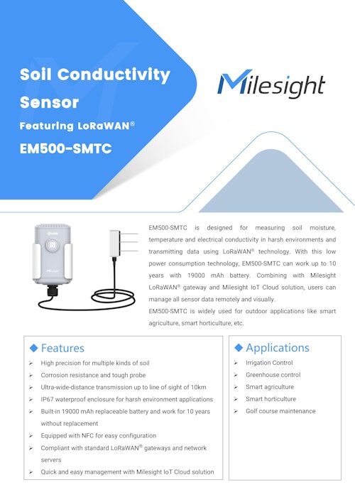 屋外用土壌水分センサー 防塵防水IP66 Milesight EM500-SMT (サンテックス株式会社) のカタログ