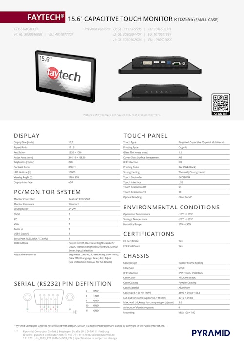 15.6インチ 産業用IP65タッチパネルモニター faytech FT156TMCAPOB (サンテックス株式会社) のカタログ