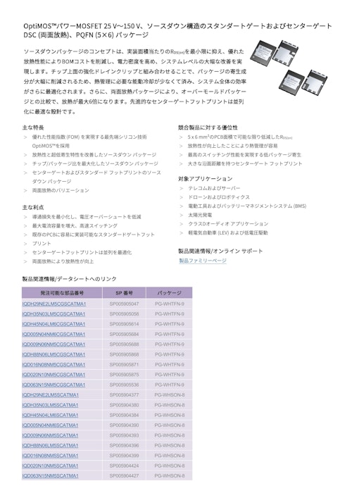 OptiMOS™パワーMOSFET 25 V～150 V、ソースダウン構造のスタンダートゲートおよびセンターゲート DSC (両面放熱)、PQFN (5×6) パッケージ (インフィニオンテクノロジーズジャパン株式会社) のカタログ