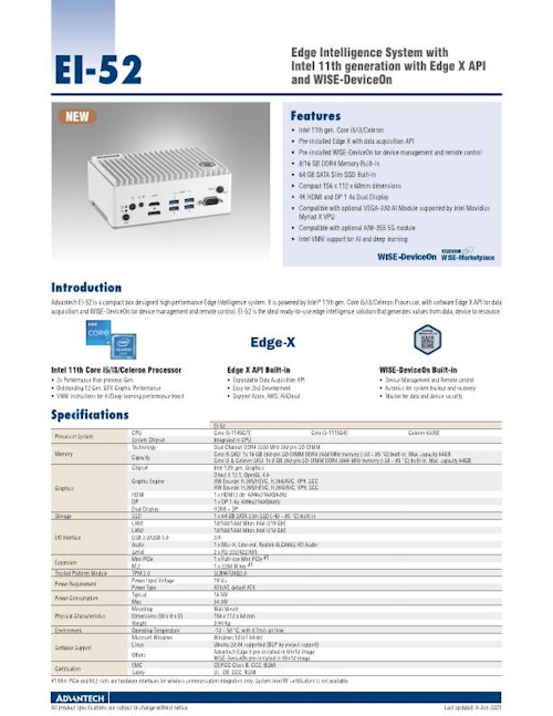 5G/Wi-Fi/AI対応 小型IoTゲートウェイ、EI-52 (アドバンテック株式会社) のカタログ